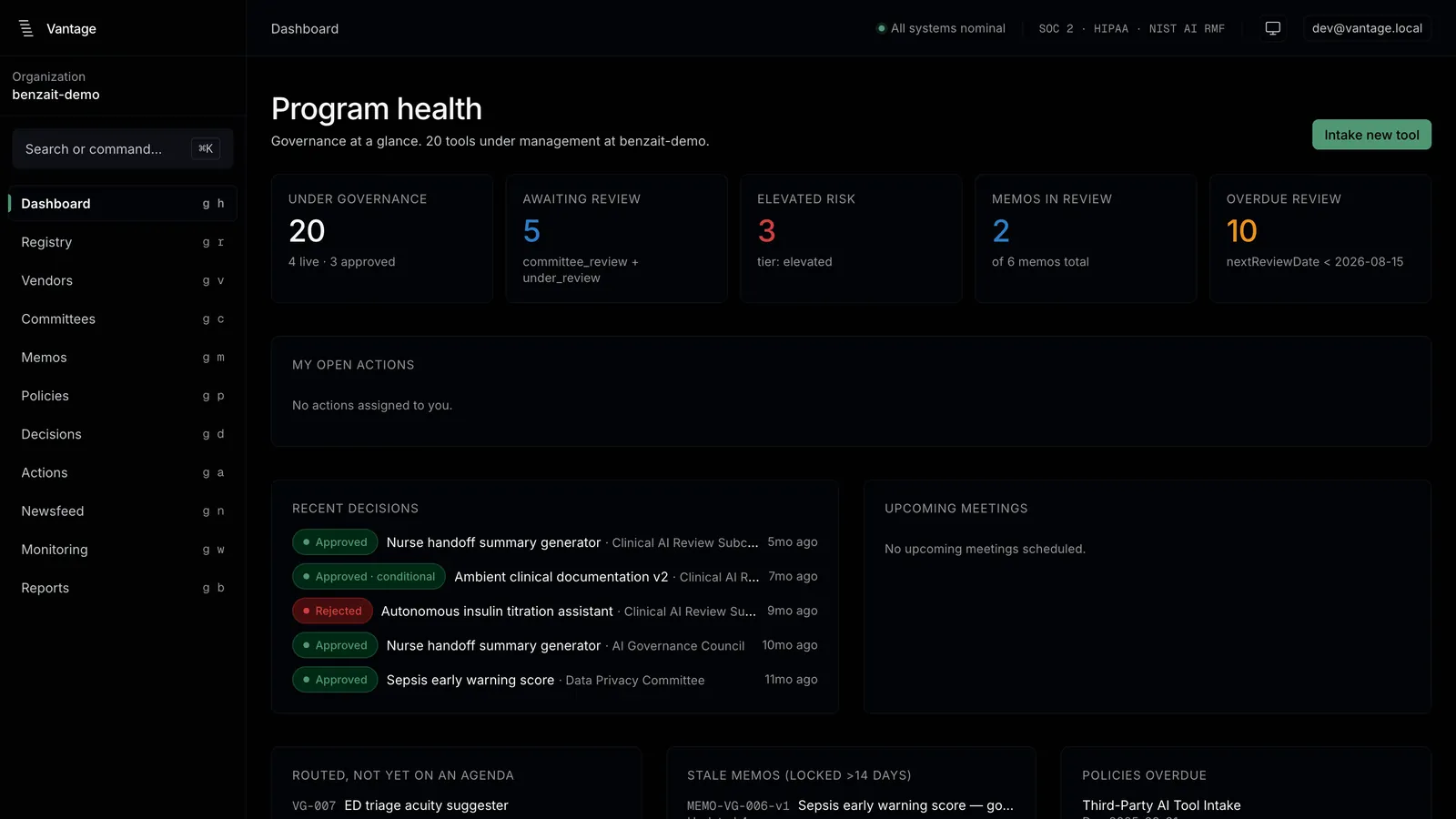 Vantage program health showing governance review queues, recent committee decisions, and follow-up work using demonstration data.