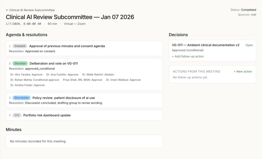 Vantage committee workspace showing agenda items, meeting context, and governance decisions.